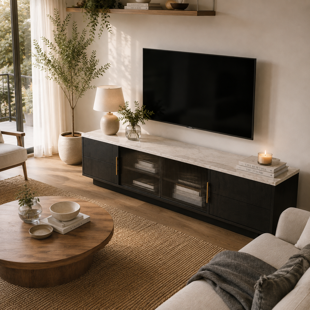 Meuble TV 160 cm gris effet marbre | Draeko