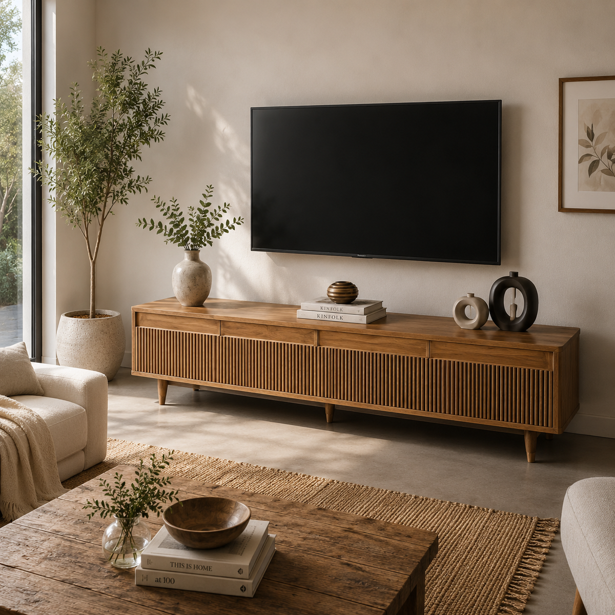 Meuble TV 178 cm finition bois rainurée | Lumio