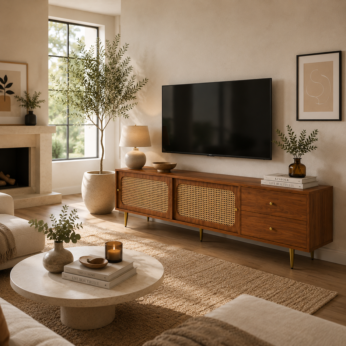 Meuble TV 160 cm finition noyer et effet rotin | Wenlo