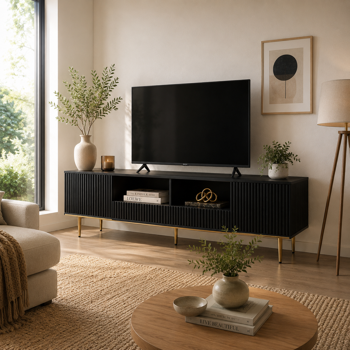 Meuble TV 165 cm noir, pieds dorés | Korvo