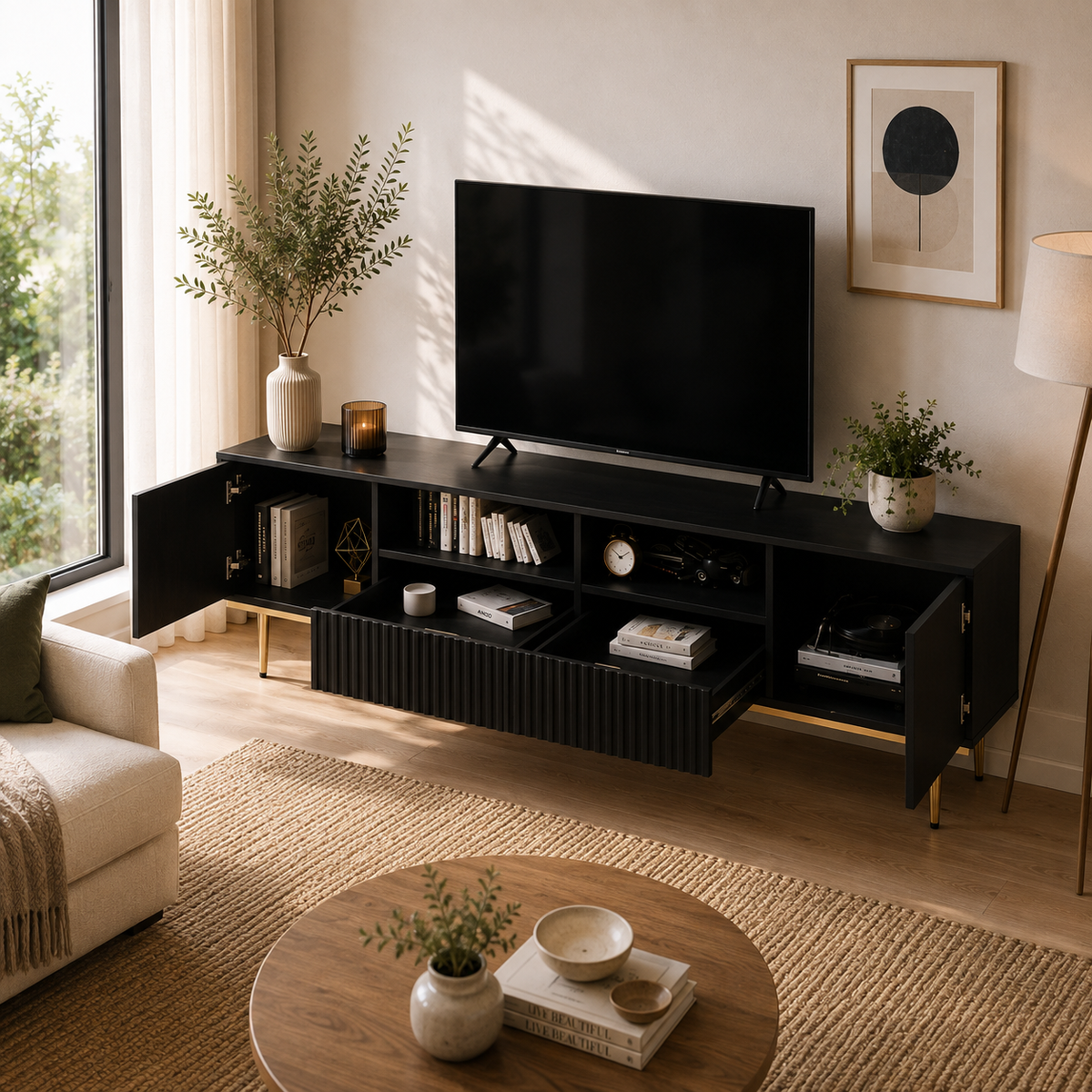 Meuble TV 165 cm noir, pieds dorés | Korvo