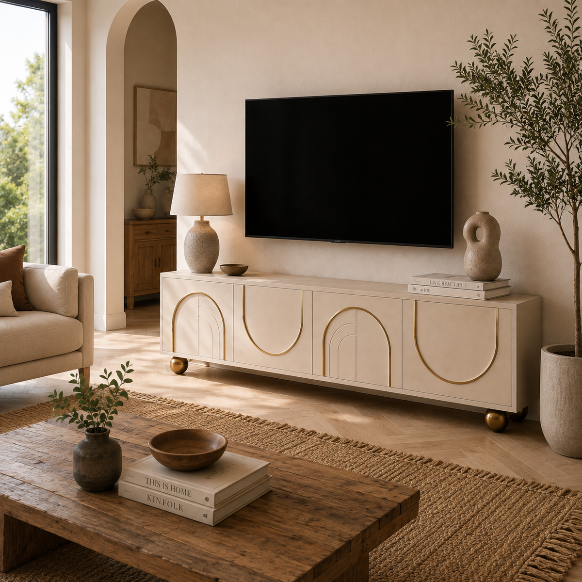 Meuble TV 170 cm blanc, pieds dorés | Arka