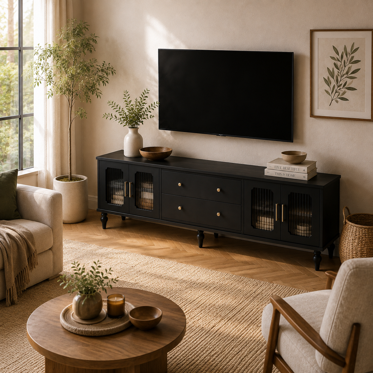 Meuble TV 177 cm noir avec portes vitrées | Belmoro