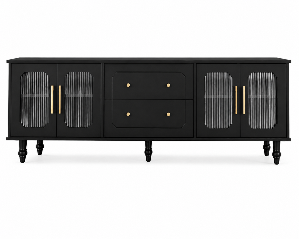 Meuble TV 177 cm noir avec portes vitrées | Belmoro