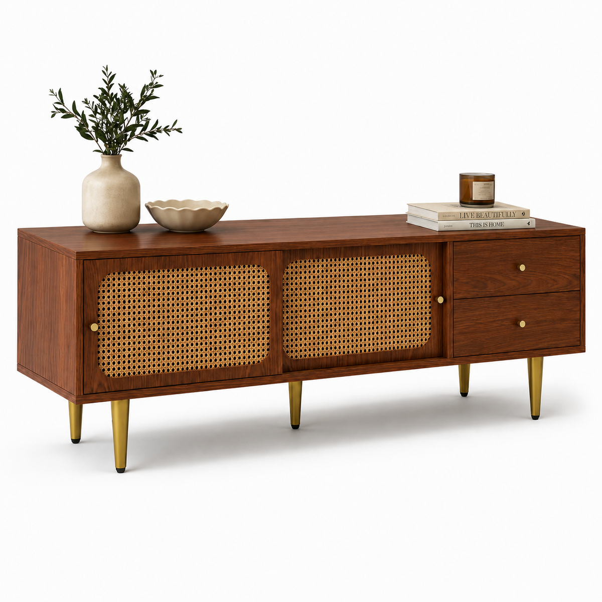 Meuble TV 160 cm finition noyer et effet rotin | Wenlo