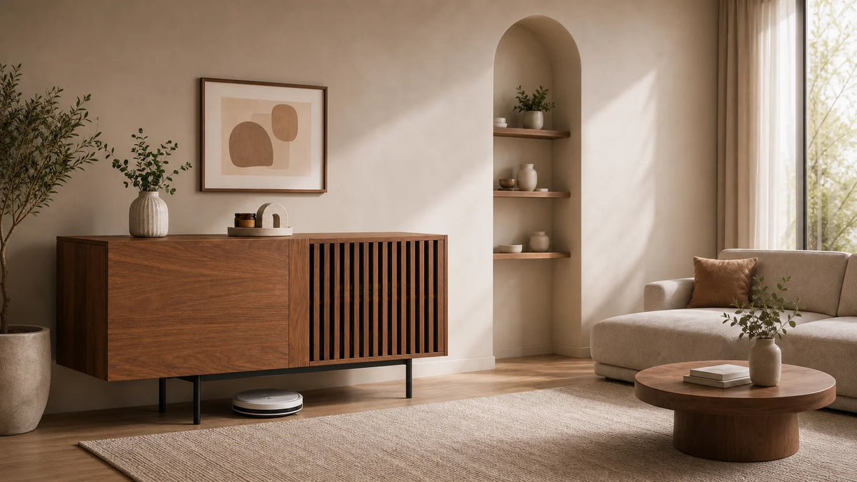 Wide 16:9 inhabited interior hero built around the Meuble TV 180 cm en bois noyer et claustra, place