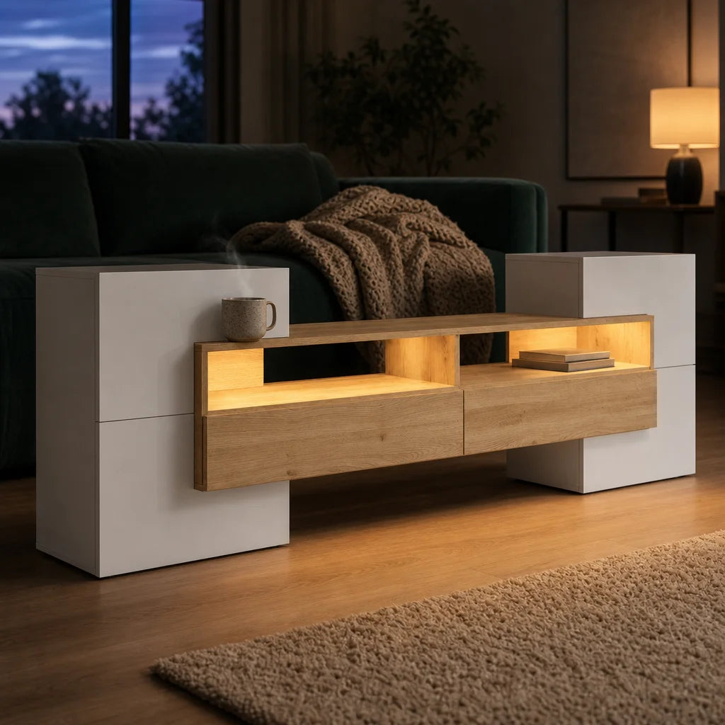 Square inhabited interior hero featuring the Meuble TV 200 cm bicolore avec LED placed in a warm, di