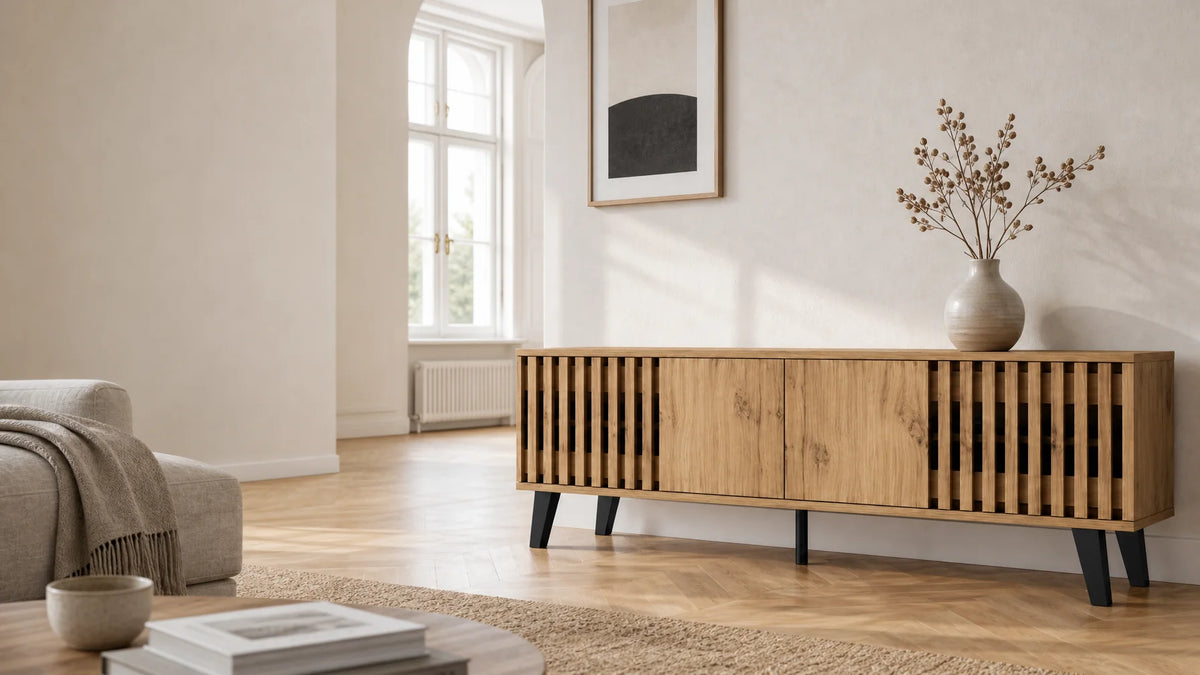 Wide 16:9 inhabited interior hero built around the Meuble TV 180cm en bois clair, placed on the righ