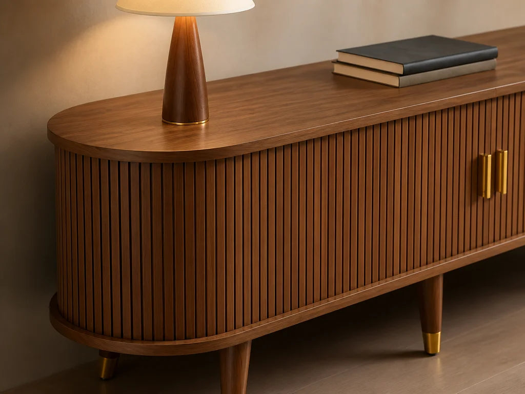 Professional decor construction detail in 4:3 landscape format, focusing on the smoothly rounded cor